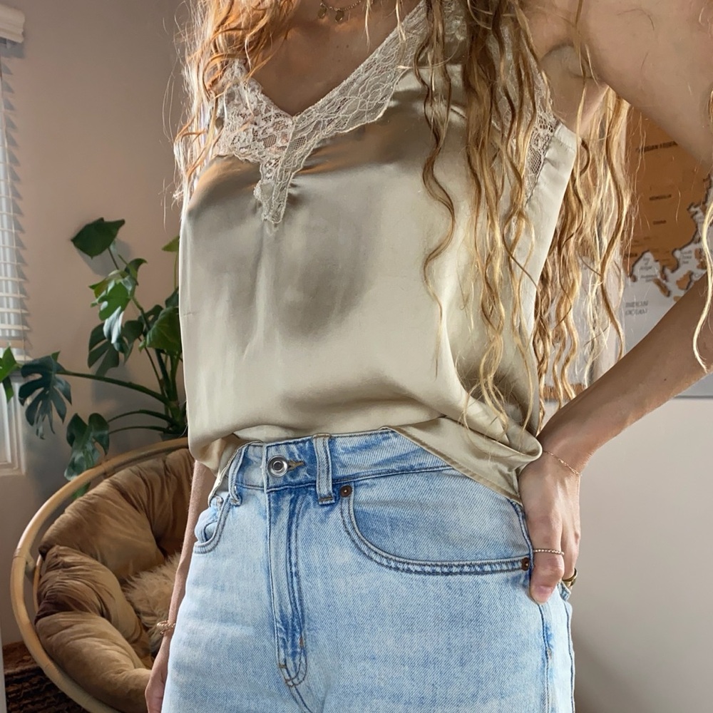 Silky Lace Trim Cami tank top in Champagne